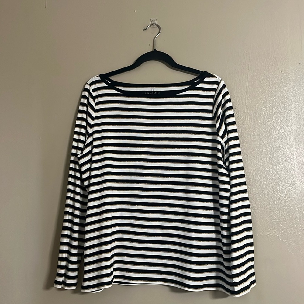 Talbots Top Sz 2XP Pima Cotton Cream/Black w/Gold Metallic Thread T-Shirt Casual